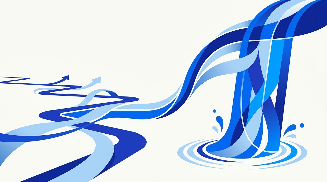 A minimalist, high-contrast website header graphic with a clean, modern vector art style. On a crisp off-white background, a stylized winding path&mdash;symbolizing a personal journey&mdash;transitions into a cascading waterfall made of smooth, flowing geometric lines in shades of royal blue and soft sky blue. The design is symbolic of navigating a cascade of life changes with resilience and contains no text.
